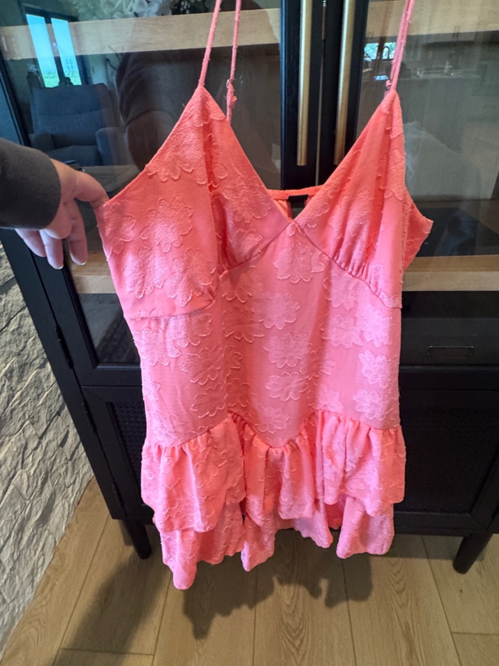 Coral Eyelet Ruffle Spaghetti Strap Dress